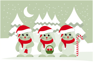 three bunnies with caps and scarves in snowy landscape