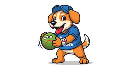 Naklejka premium Cute cartoon dog holding a bowling ball ready to play, wearing a blue shirt and cap, with a happy expression on a white background, isolated vector illustration