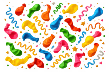 Colorful deflated party balloons and streamers with confetti against a transparent background, celebrating special events