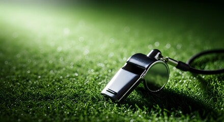 Referee whistle lying on green artificial turf under dramatic spotlight for college bowl finals concept and high-stakes game decision