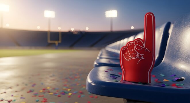 Red foam finger left on an empty stadium seat with confetti after college bowl finals celebration concept under stadium lights at dusk