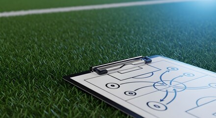 Football playbook on a clipboard with strategic diagrams resting on a green field for college bowl finals game plan concept and winning strategy