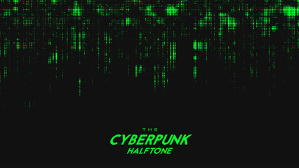Fototapeta premium Abstract vector green cyberpunk halftone sound wave. Scrathed dotted texture element.