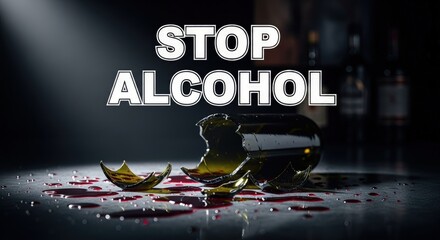 Shattered glass bottle with red liquid spilled on a dark surface, powerfully symbolizing the complete cessation of alcohol consumption, promoting a sober lifestyle choice.