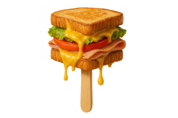 Grilled cheese sandwich popsicle with melting cheese on a stick, offering a surreal and whimsical snack experience
