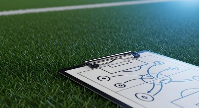 Football playbook on a clipboard with strategic diagrams resting on a green field for college bowl finals game plan concept and winning strategy