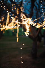 Bright Christmas candle lights in glass lamps decorate the park trees and church during a festive winter holiday night celebration