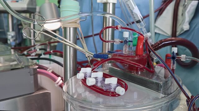 Close up of cardiopulmonary bypass machine with tubes and blood circulation, medical equipment for heart surgery in the modern operating room