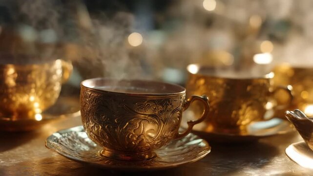 Cup of coffee or tea served in a white cup on a table for a hot beverage break