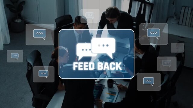 A dynamic business meeting showcases a group of professionals engaged in collaboration and communication, highlighted by a feedback icon that symbolizes interaction and growth. Raster