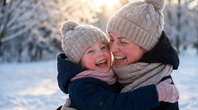Portrait of happy mother and daughter hugging outdoors in winter park on sunny frosty day. Joyful family moments and love concept for seasonal lifestyle advertising.