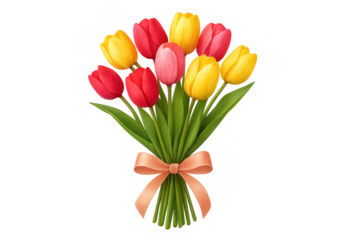Colorful spring tulip bouquet with red, yellow, pink flowers and peach ribbon, offering a gift and celebration concept, transparent background