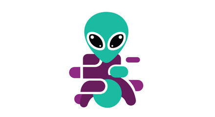 Abstract stylized cartoon alien with teal head, big eyes and purple body on white