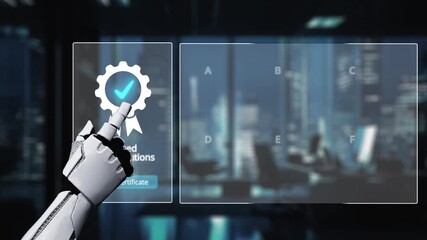 A robotic hand interacts with a digital interface for certificate verification, showcasing checklists and validation in a modern office setting with a city skyline. Auvana - Powered by Adobe