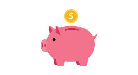 Pink cartoon piggy bank with coin above the slot