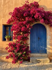 Fototapeta premium Bougainvillea blooms cascade over doorway in Mediterranean village