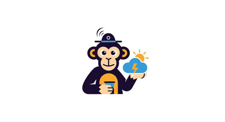 Graphic monkey with a hat holding a stormy cloud