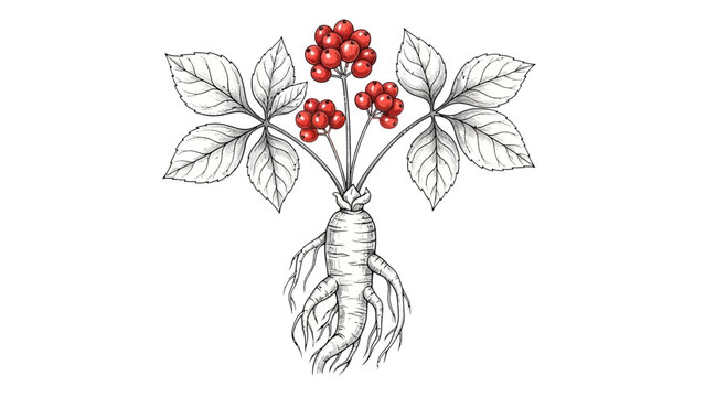Detailed ginseng plant illustration with red berries and leaves against white background