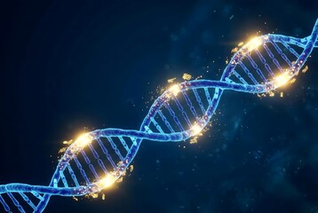 3D illustration of a glowing blue DNA double helix strand with golden particles, genetic research concept.      
