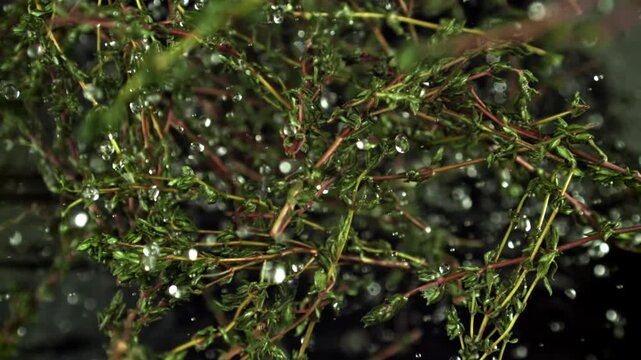 Super slow motion of thyme sprigs. Filmed on a high-speed camera at 1000 fps. High quality FullHD footage