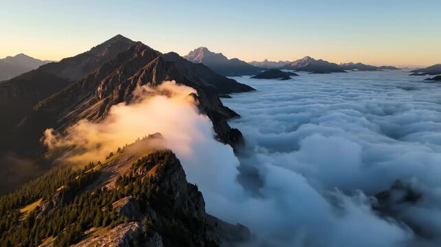 Breathtaking aerial view of fog rolling over mountain range at sunrise creates a serene, inspiring scene