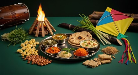 Traditional Indian festival feast spread with bonfire, kite, and drums, celebrating Maghi Lohri harvest with sweet dishes, grains, and sugarcane.