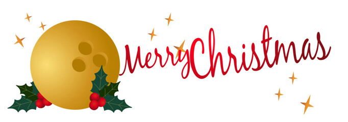 Festive bowling Christmas illustration featuring pins, bowling ball, holly, pine branches and ribbons. Ideal for holiday cards, decorations and sports-themed seasonal artwork.