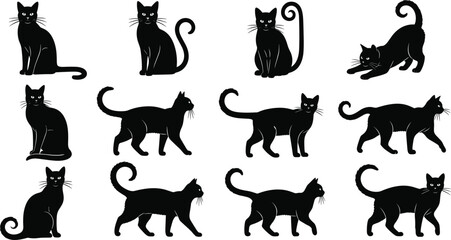 Black cat silhouette illustration set, sitting walking crouching pose, expressive tail design, feline animal icon, vector pet graphic collection