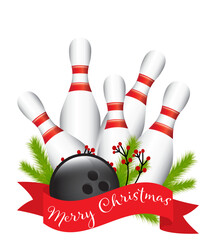 Festive bowling Christmas illustration featuring pins, bowling ball, holly, pine branches and ribbons. Ideal for holiday cards, decorations and sports-themed seasonal artwork.