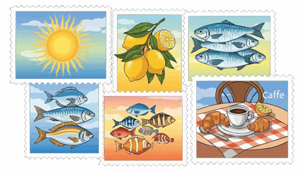 Summer in Amalfi or Sicily Italy. Vector illustration of postage stamps with image of sun, lemons, sardines, fish and breakfast in cafe for poster, placard print. Mediterranean vacation element. stock