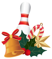 Festive bowling Christmas illustration featuring pins, bowling ball, holly, pine branches and ribbons. Ideal for holiday cards, decorations and sports-themed seasonal artwork.