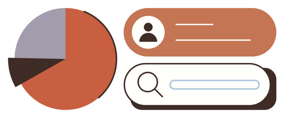 Pie chart with three segments, user profile with details, and search bar magnifying glass icon. Ideal for data analysis, research, user management, information hierarchy, teamwork, simplicity © robu_s