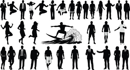 Human silhouette illustration set, casual formal active pose, walking dancing surfing meditating icon, black vector design, people movement graphic