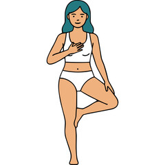 A Woman With Teal Hair Stands In A Tree Pose Yoga Position Wearing White Undergarments And Places Her Right Hand On Her Chest With A Slight Smile On Her Face And Closed Eyes Against A Black Background