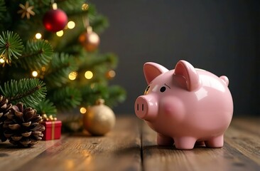 Money Piggy Bank in the form of a pig next to the Christmas tree. New Year's advertising poster for the banking sector. Promotion for financial business. Great deal, December sale.