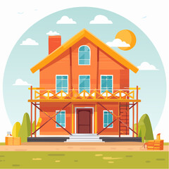 A vibrant illustration depicts a house under construction with scaffolding, showcasing architectural development and residential building in a sunny environment.