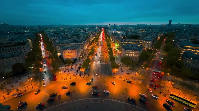 Panoramic view of the streets of Paris at night from the Arc de Triomphe, Paris, France, October 15, 2025. High quality 4k footage