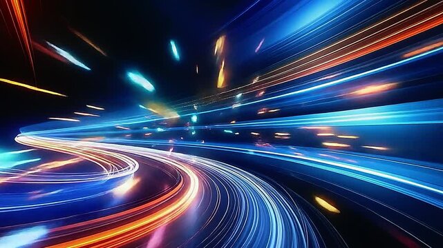 光 ストリーム 軌跡 スピード 高速 カーブ トンネル 抽象 デジタル 未来 サイバー テクノロジー ブルー オレンジ ネオン 夜 暗闇 移動 ワープ エネルギー