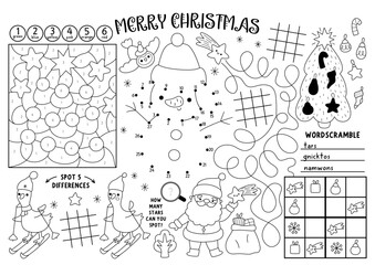 Vector Christmas village placemat for kids. Winter holiday printable activity mat with maze, tic tac toe charts, connect the dots, find difference. New Year black and white play mat or coloring page