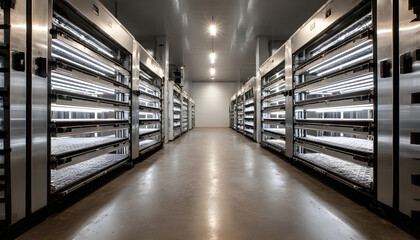 Medium shot capturing energyefficient cold storage room featuring modern insulation and LED lighting maintaining stable climate for meat storage