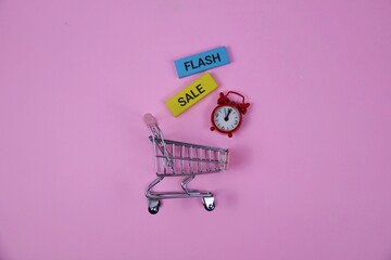 A miniature shopping cart sits on a pink backdrop beside a small clock and colorful signs reading 'Flash' and 'Sale', conveying urgency, discounts, and quick shopping ideas.
