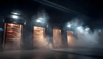 Medium shot of gas fired smoking room highlighting modern equipment delivering controlled heat and smoke for optimal meat preservation.
