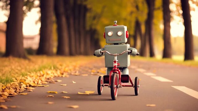 Adorable robot learning to ride a tricycle on a leaf-strewn autumn lane, a heartwarming whimsical scene bringing joy, fun, and a touch of futuristic nostalgia