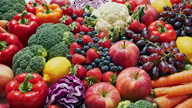 A succulent arrangement of fresh fruits and vegetables sizzling in a skillet, capturing the hearty concept of healthy eating and wellness, perfect for cooking show backgrounds or restaurant.