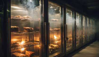 Medium shot of gas fired smoking room highlighting modern equipment delivering controlled heat and smoke for optimal meat preservation.