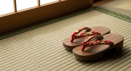 Traditional Japanese geta sandals on a tatami mat next to a shoji screen for Japanese cultural heritage and Coming of Age Day concept