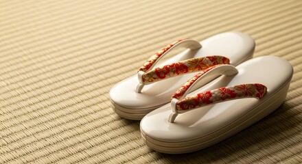 Zori sandals on a traditional tatami mat with soft light for Coming of Age Day ceremony concept and elegant Japanese tradition