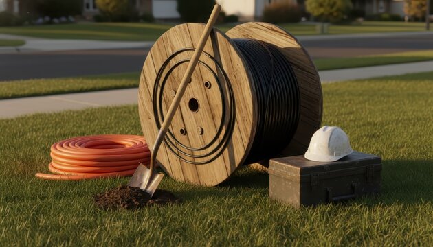 Fiber optic cable installation setup on a suburban lawn. Large spool, shovel, hard hat, and conduit for broadband infrastructure.