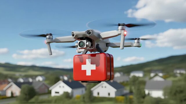 Emergency drone swiftly delivering first aid kit for rapid response in suburban neighborhood, showcasing advanced healthcare and fast medical assistance services 4k video