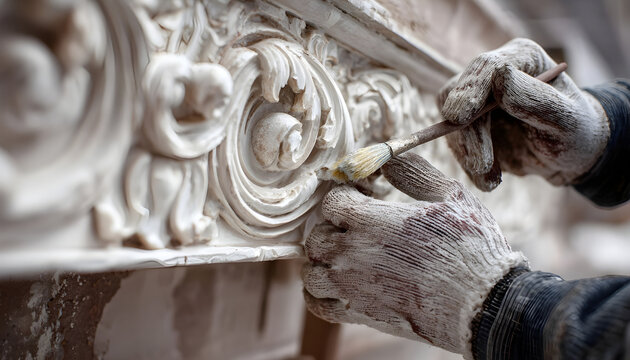 Extreme close-up shot showing a worker's gloved hand carefully painting a detailed, scroll-shaped, white plaster corbel or console bracket during an interior restoration project.